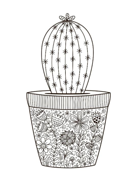 Cactus in a decorative floral-patterned pot with tiny flower details coloring page.