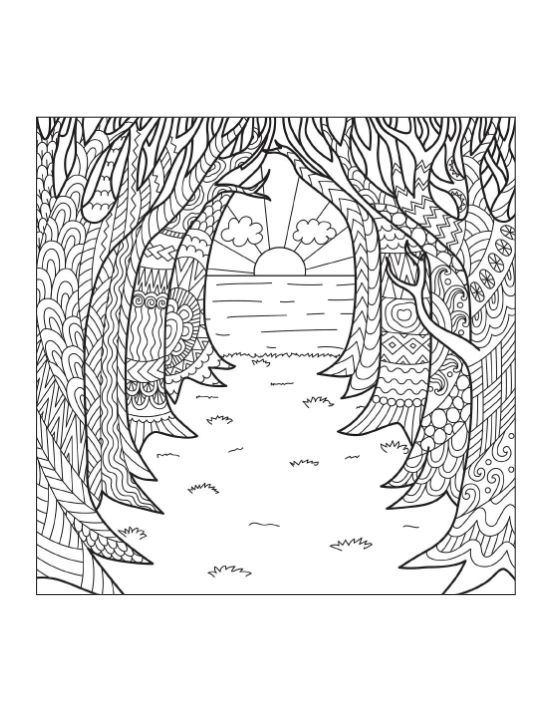 Zentangle trees frame a sunset over water, creating a path, coloring page.