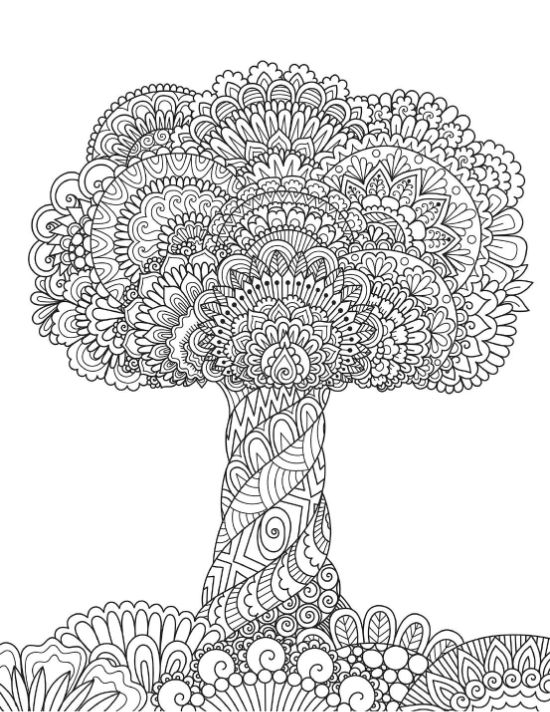 Mandala tree with intricate floral patterns, twisted trunk, and ground cover coloring page.