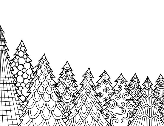 A line of decorated Christmas trees with various patterns in a forest coloring page.