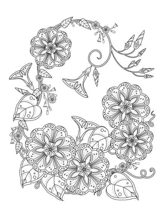 Detailed floral arrangement with intricate patterns and swirling vines coloring page.