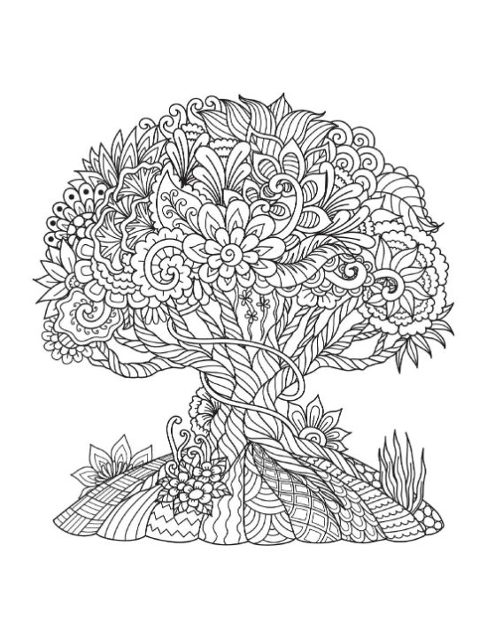Ornate tree with intricate swirling leaves and flowers, adult coloring page.