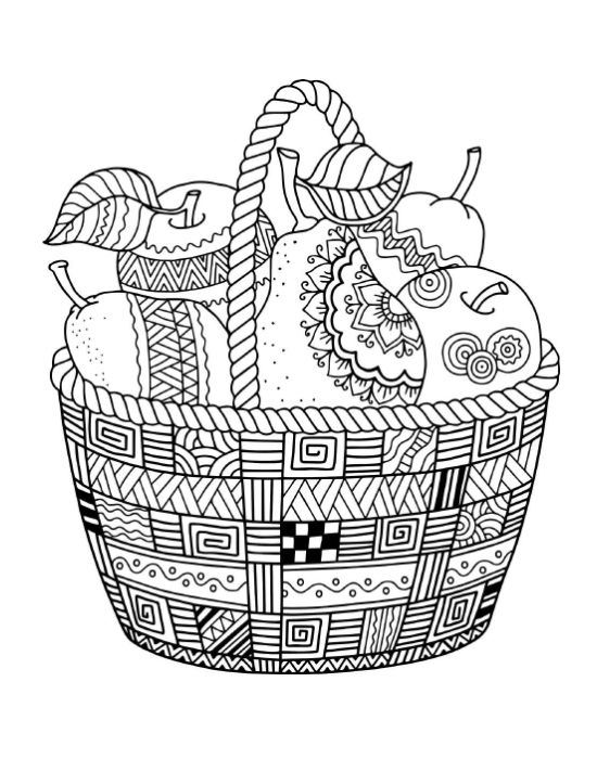 A patterned basket of fruits with mandala and geometric designs adult coloring page.
