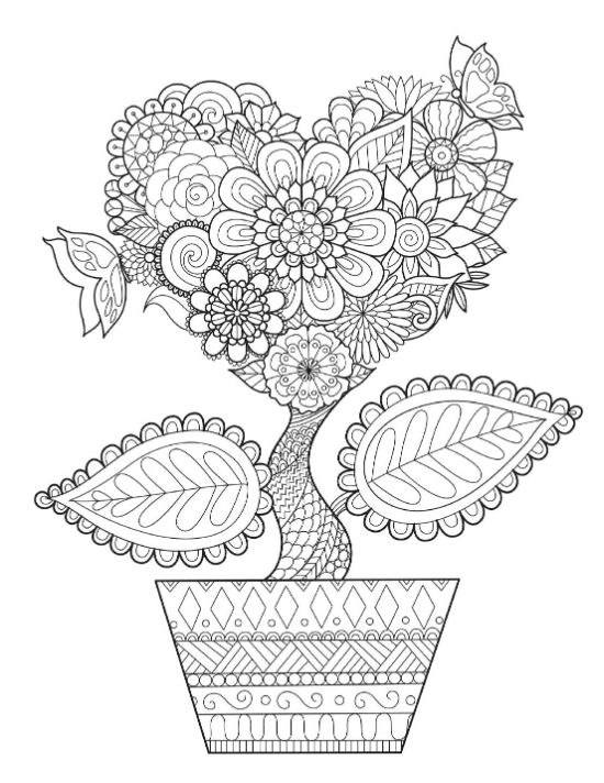 Mandala floral heart-shaped plant in a decorated pot with butterflies coloring page.