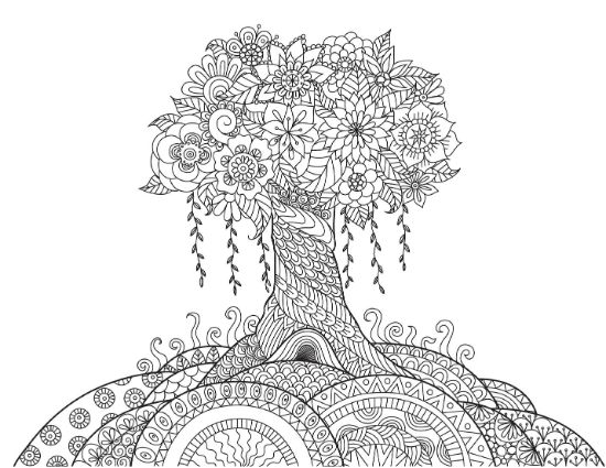Flowering tree with intricate patterns on its roots and a mandala-like base, coloring page.