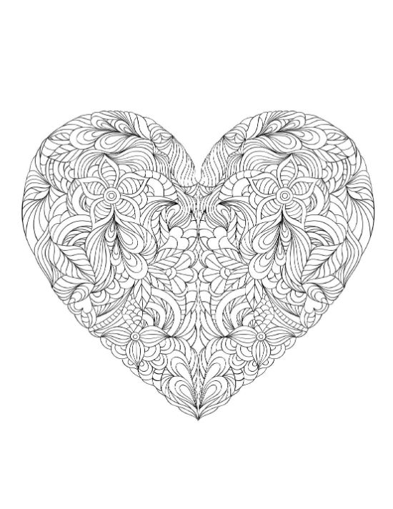 Ornate heart filled with flowing vines, flowers, and leaves coloring page.