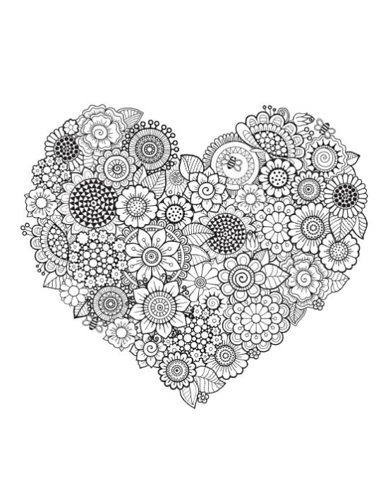 Heart-shaped mandala of various intricate flowers and patterns coloring page.