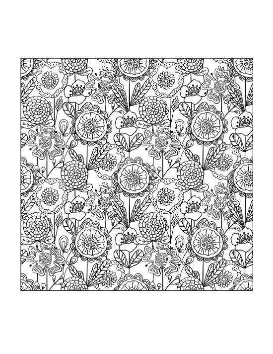 Pattern of diverse stylized flowers with detailed petals and small leaves coloring page.