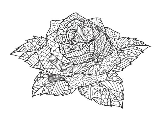 Intricate rose with patterned petals and leaves abstract design coloring page.