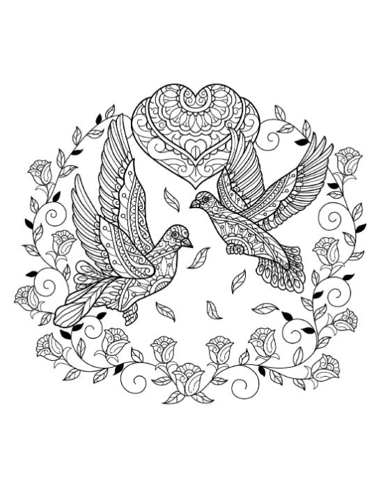 Two ornate doves with a decorated heart and rose garlands coloring page.