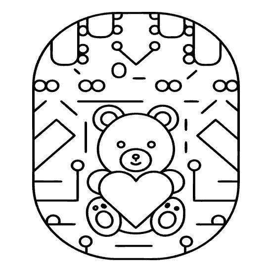 Cute teddy bear holding a heart inside a decorated rounded frame on a coloring sheet