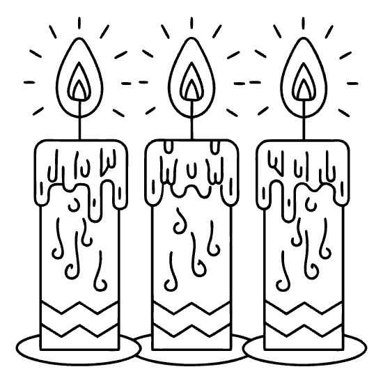 Three lit candles dripping wax with bright flames drawn bold and easy