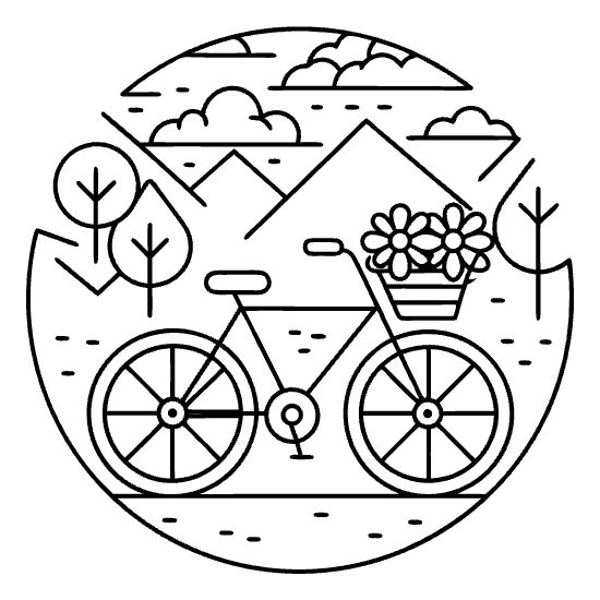Bicycle with a flower basket parked before mountains and trees on a coloring page