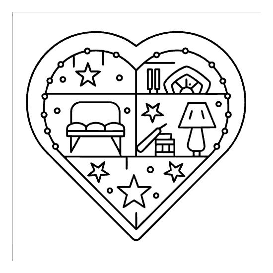 Heart shaped room with a bed lamp and stars inside drawn bold and easy