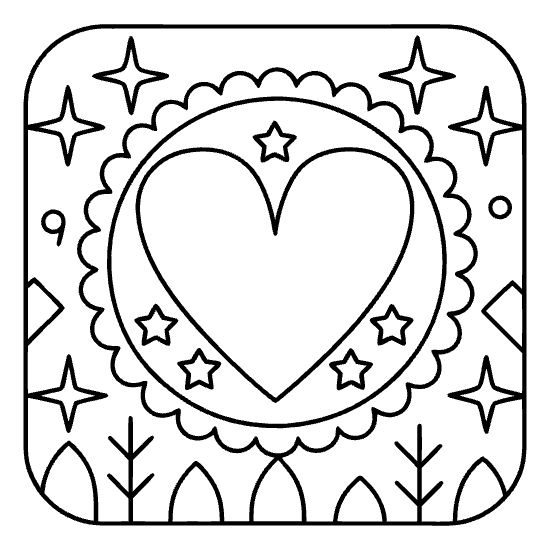 Heart surrounded by stars and sparkles inside a scalloped circle on a coloring page