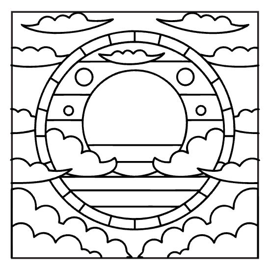Sun setting over the sea with clouds inside a striped circle on a coloring sheet
