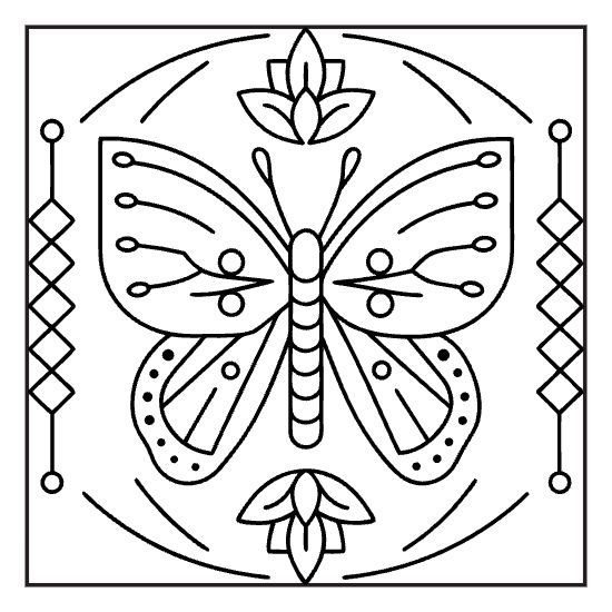 Symmetrical butterfly with leafy accents and diamond beaded sides on a coloring page
