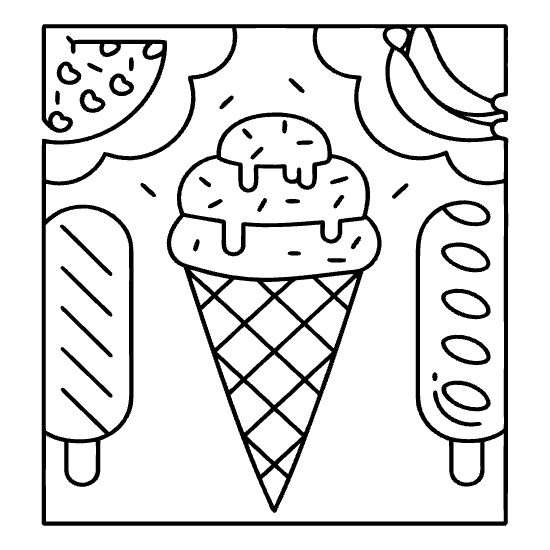 Big ice cream cone framed by a popsicle banana and watermelon on a coloring sheet