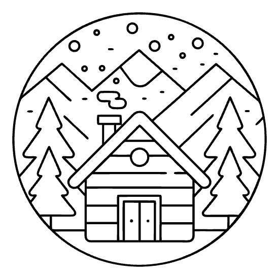 Log cabin among tall pines below snowy mountains drawn bold and easy
