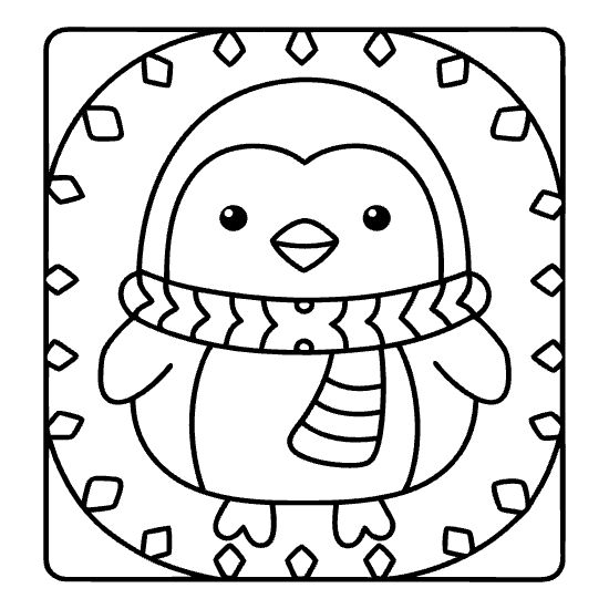 Penguin in a striped scarf inside a ring of geometric snowflakes drawn bold and easy