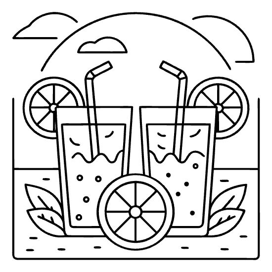 Two tall lemonade glasses with citrus slices on the sand on a coloring page