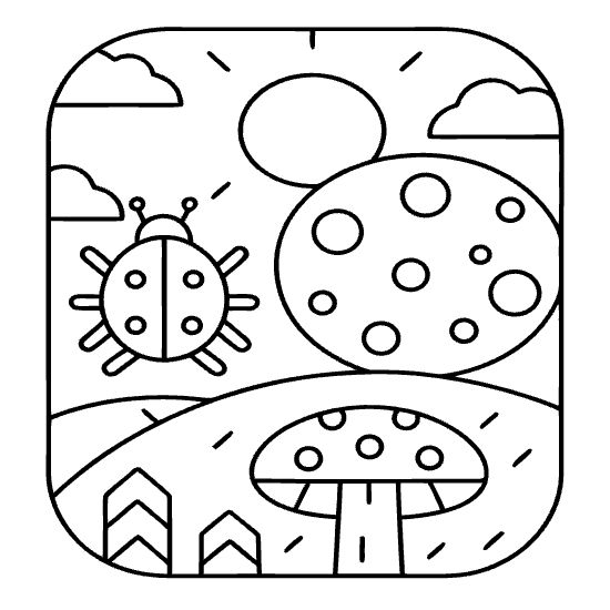 Ladybug beside a spotted mushroom in a hilly meadow under the sun on a coloring page