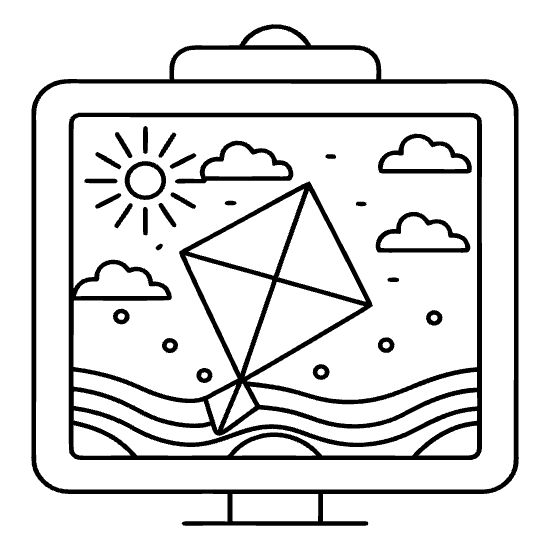 Diamond kite over the sea below the sun and clouds inside a frame on a coloring page