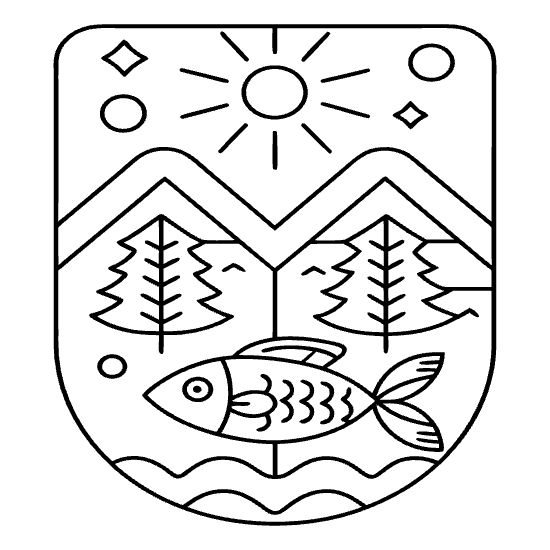 Mountain landscape with pines a sun and a fish in the water on a coloring page