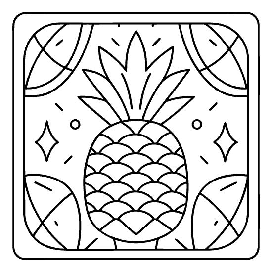 Bold pineapple with a scale belly inside a scalloped square frame on a coloring page