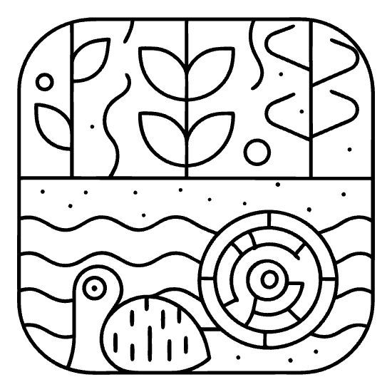 Duck on rippling water with leaves growing above and a snail beside it on a coloring sheet