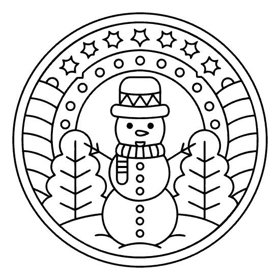 Smiling snowman in a top hat between pine trees inside a striped circle drawn bold and easy