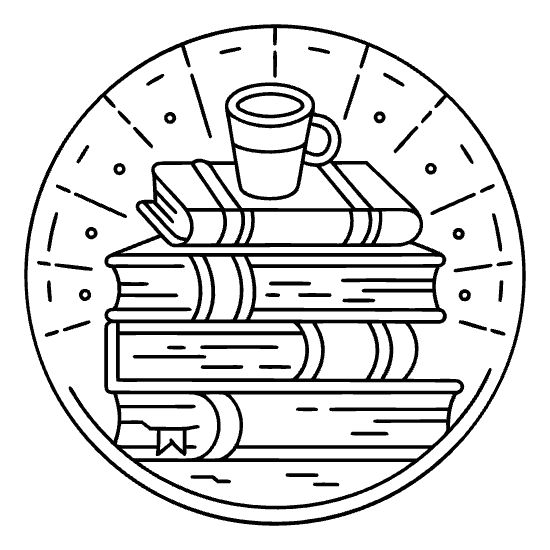 Stack of three books with a coffee mug on top inside a striped circle on a coloring sheet