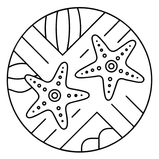 Pair of dotted starfish resting inside a striped circular frame on a coloring page