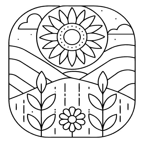 Large sunflower above gentle hills with leafy plants below drawn bold and easy