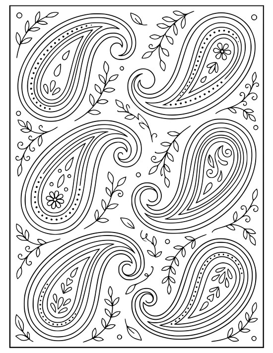 Paisley teardrops curling in the same direction with dotted seams and tiny leaf sprigs, coloring page