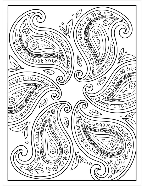 Paisley teardrops radiating from the center like a soft mandala with chain link bands, mandala
