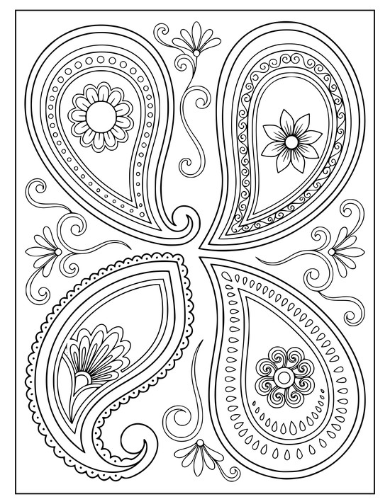 Four paisley teardrops facing outward with nested bands and a floret inside each, coloring page
