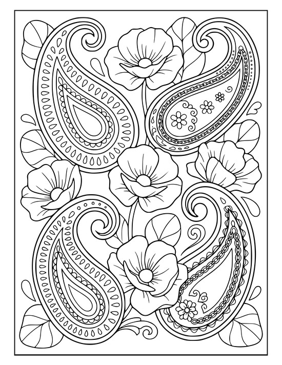 Paisley teardrops blended with three open poppies and rounded leaves and chain bands, coloring sheet
