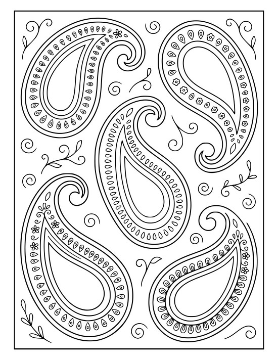 Five bold paisley teardrops of different sizes scattered with double nested bands, coloring page