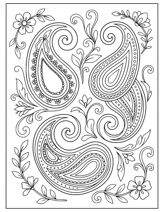 Three big paisley teardrops with tips curling into spirals and beaded dotted seams, coloring sheet
