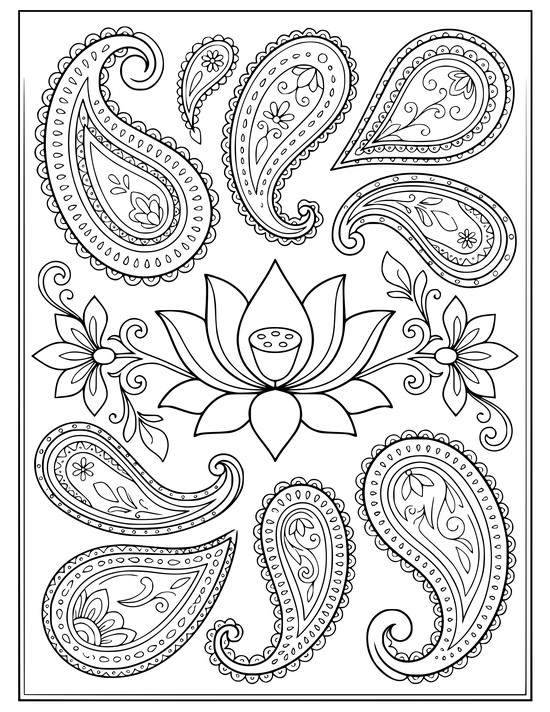 Paisley teardrops arranged around a central lotus blossom with side florets on vines, coloring page
