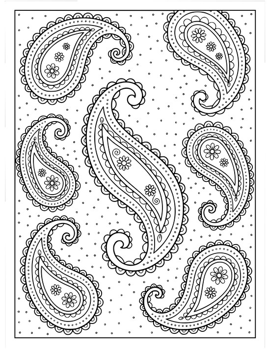 Paisley teardrops flowing in vertical waves with scalloped edges over a dotted background, coloring sheet