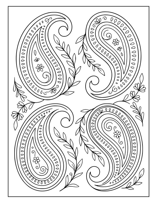 Four paisley teardrops in mirrored pairs with layered echo bands and tiny florets, mandala
