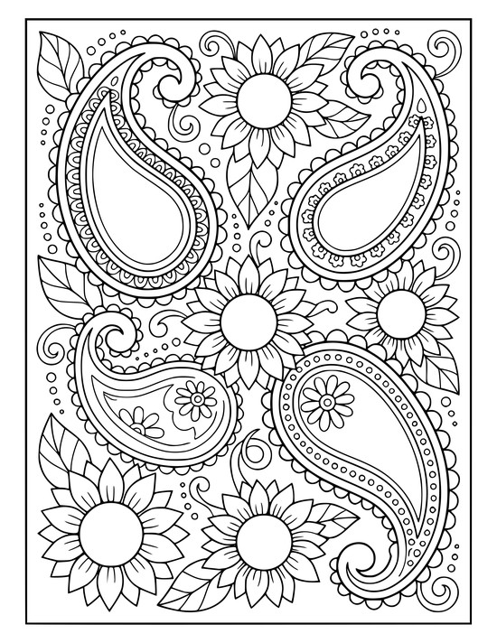 Paisley teardrops mixed with three sunflowers and leaves and scalloped edges, coloring page