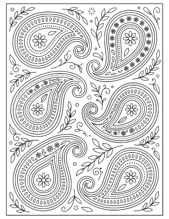 Six paisley teardrops with tips curling inward and a small daisy inside each, coloring sheet