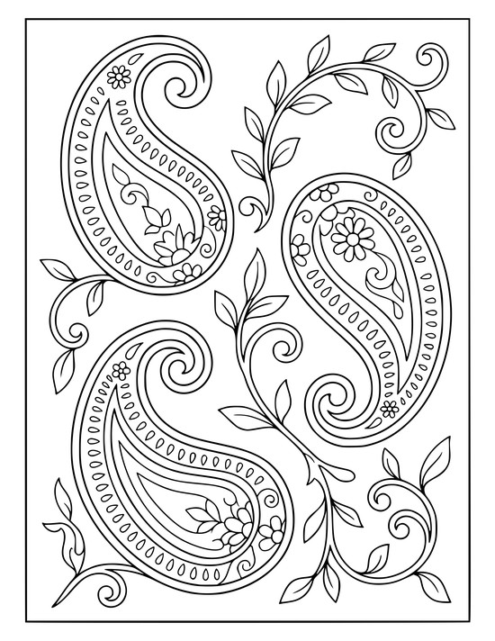 Three large paisley teardrops with beaded edges linked by curling leafy vines, coloring sheet