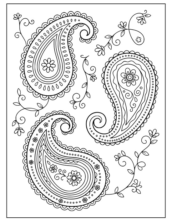 Three oversized paisley teardrops with scalloped edges and a small blossom inside each, coloring page