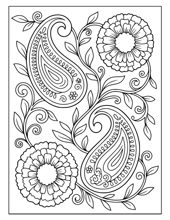Paisley teardrops woven with two round marigold flowers and curling vines and layered bands, coloring sheet