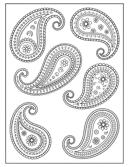 Paisley teardrops in a loose brick layout with beaded edges and crescent dot rows, coloring page