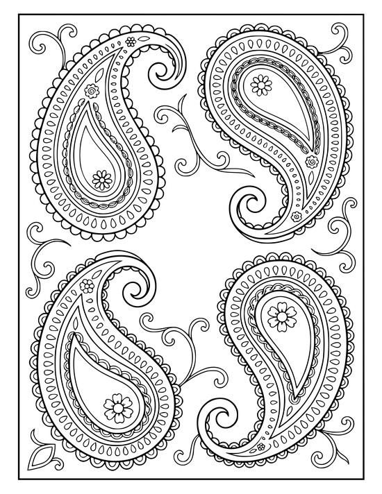 Four paisley teardrops around an open center with chain bands and curling vine tendrils, coloring sheet